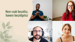Négy felnőtt résztvevő online angol beszélgetésen vesz részt kis csoportban.