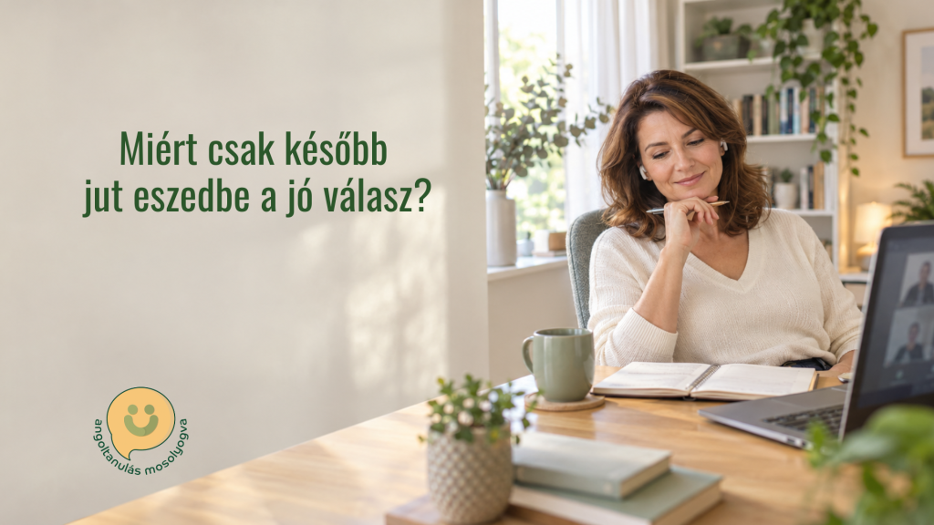 Nő egy online angol beszélgetés után a jegyzeteire néz.